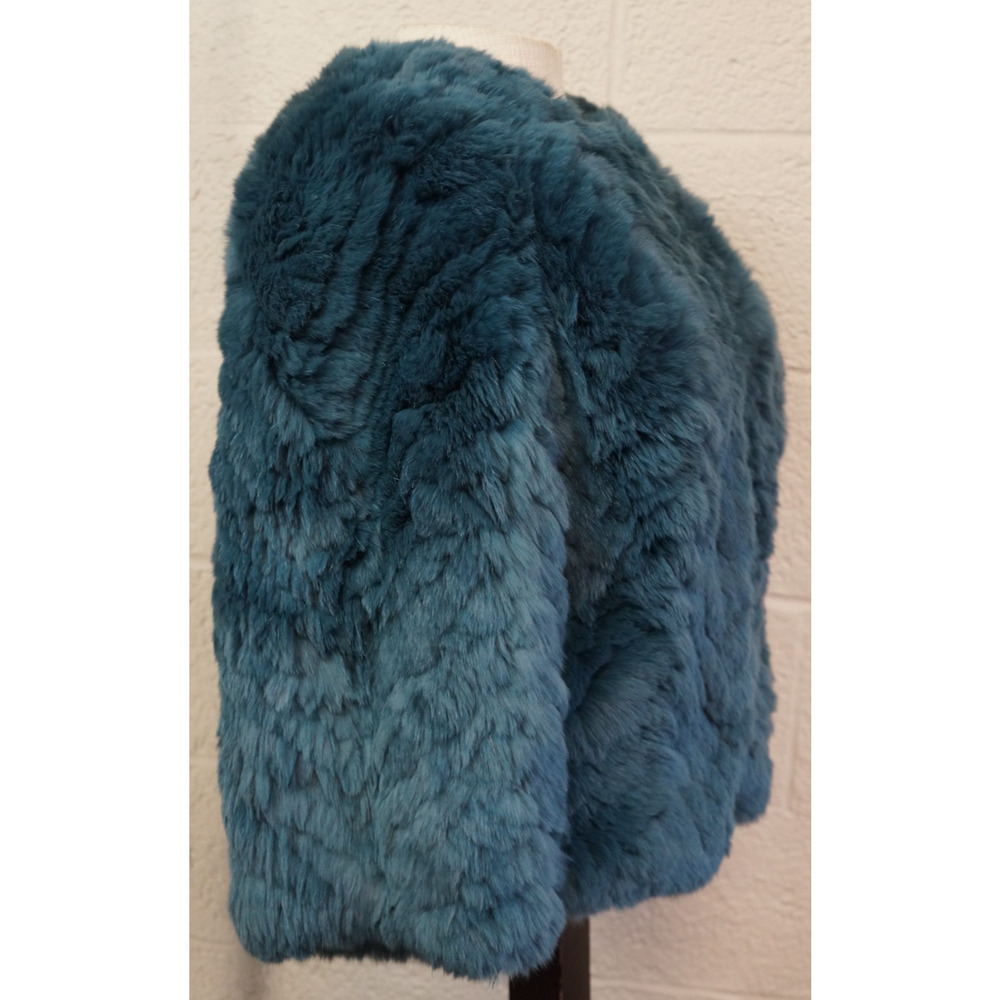 Barneys New York Teal Real Rabbit Fur Jacket Cropped Jagger Luxury Coat Size S - Picture 9 of 15